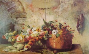 Luigi Scrosati: Secchio di rame con fiori, anno 1866, cm. 78 x 127, Collezione privata, Milano.